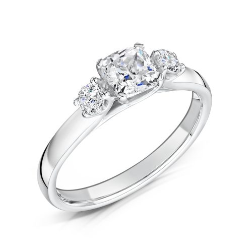 3 Stone Ring with Cushion Cut and 2 x Round Cut Outer Tilt