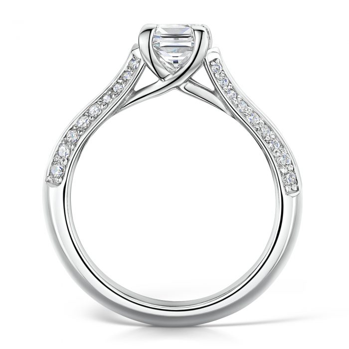 Solitaire Diamond Ring Princess Cut with Double row Diamonds on Shoulders Profile